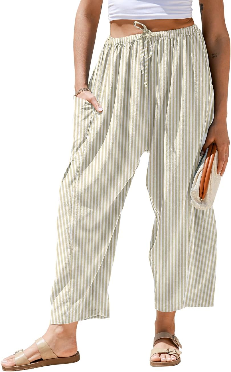 Womens Linen Wide Leg Striped Pants Casual Barrel Loose Drawstring Low Waist Palazzo Harem Pants with Pockets