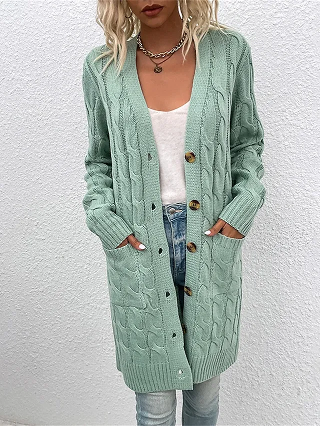 Women's Cardigan Sweater Cowl Cable Knit Faux Fur Button Pocket Summer Fall Long Daily Holiday Going out Stylish Casual Soft Long Sleeve Solid Color Black Yellow Light Green S M L