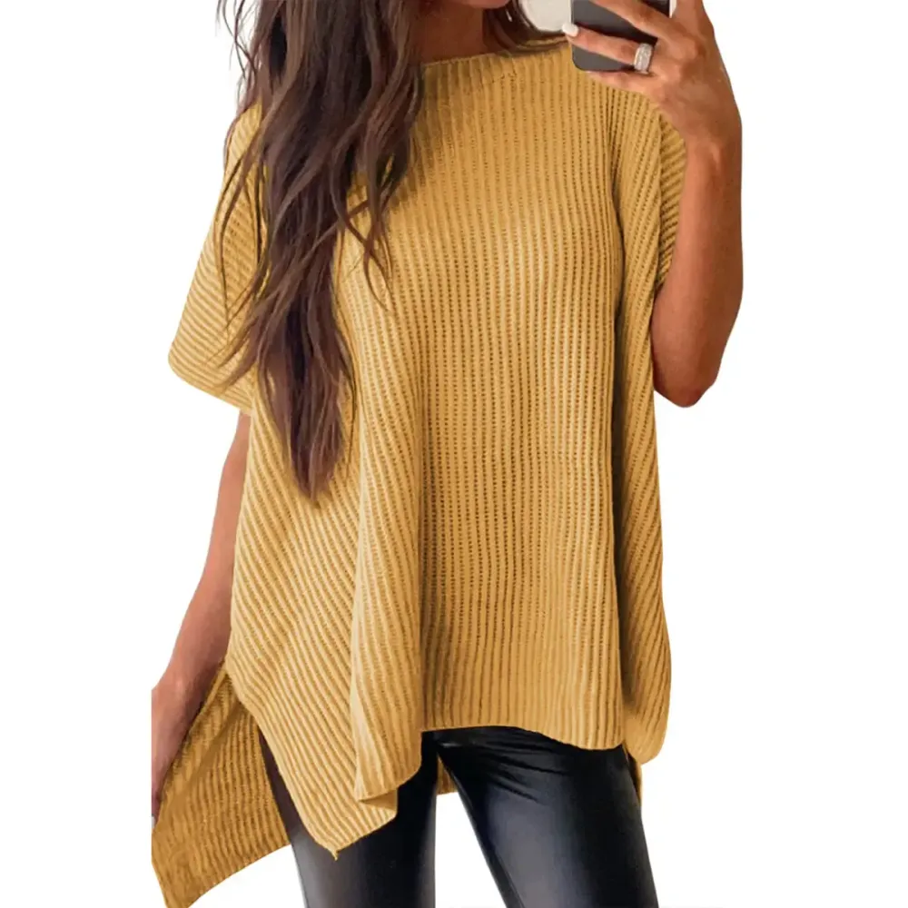 2026 Spring/Summer Oversized Cozy Ribbed Knit Top Women’s Crew Neck Short Sleeve Pullover Elegant Solid