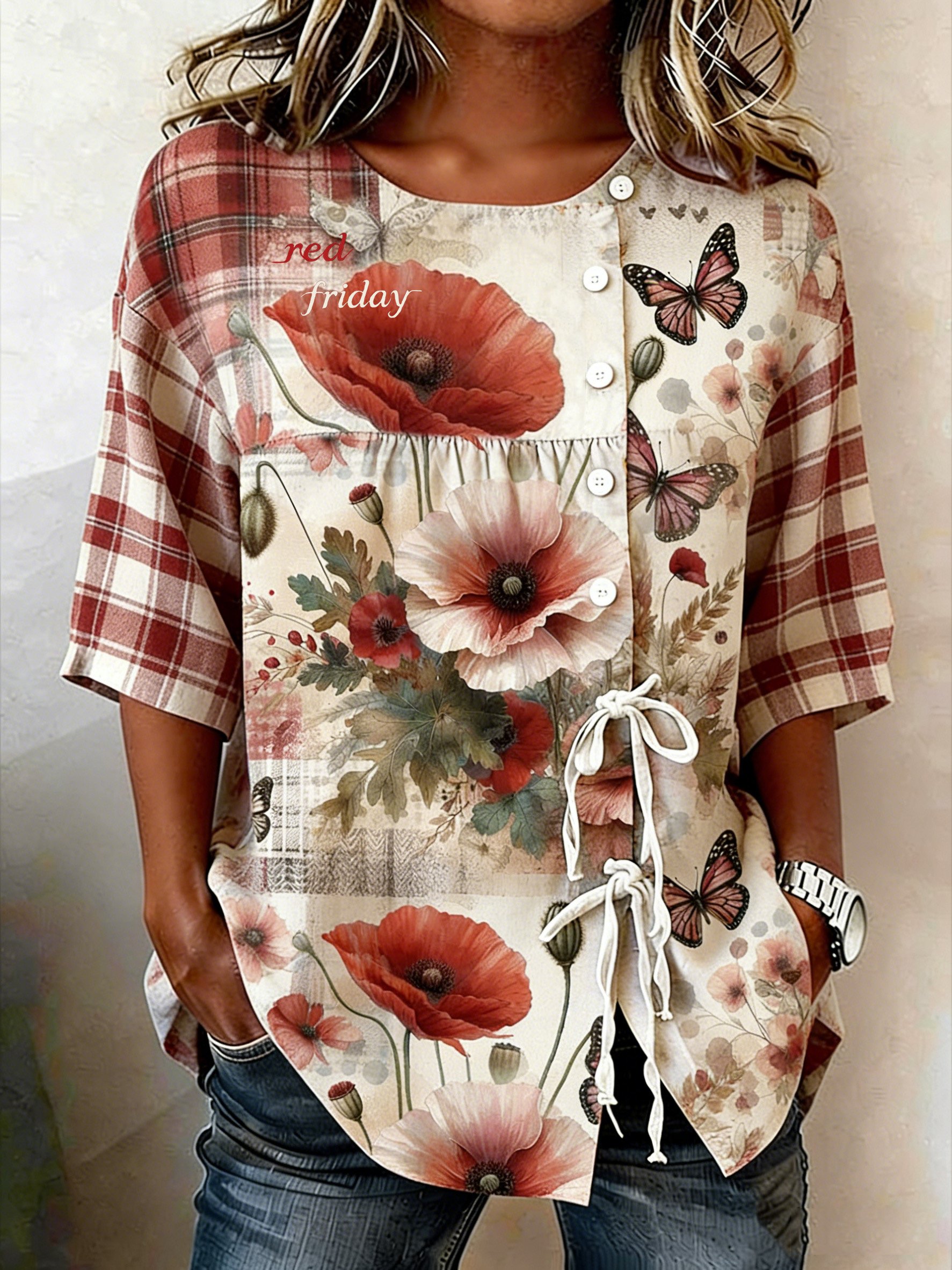 Women's Vintage Red Friday Printed Casual Top