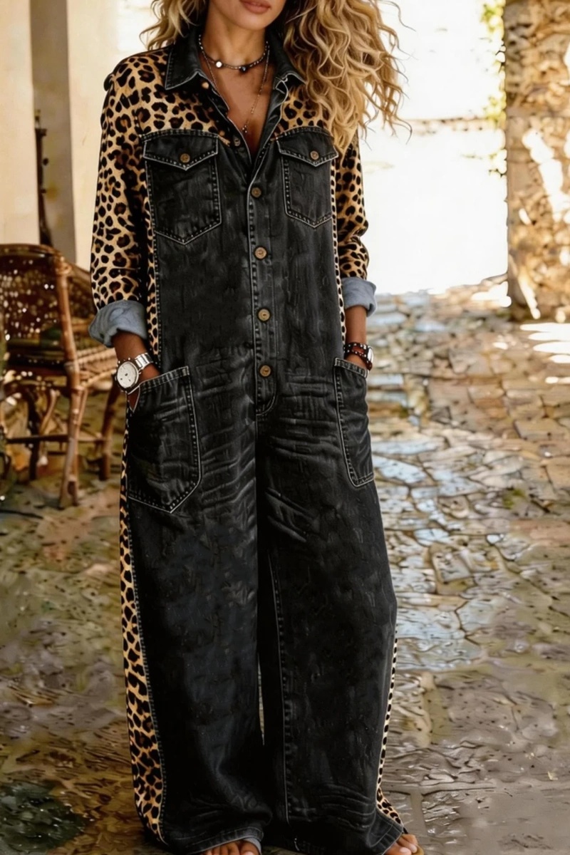 Women's Casual Long-Sleeved Pocket Leopard Print Denim Jumpsuit