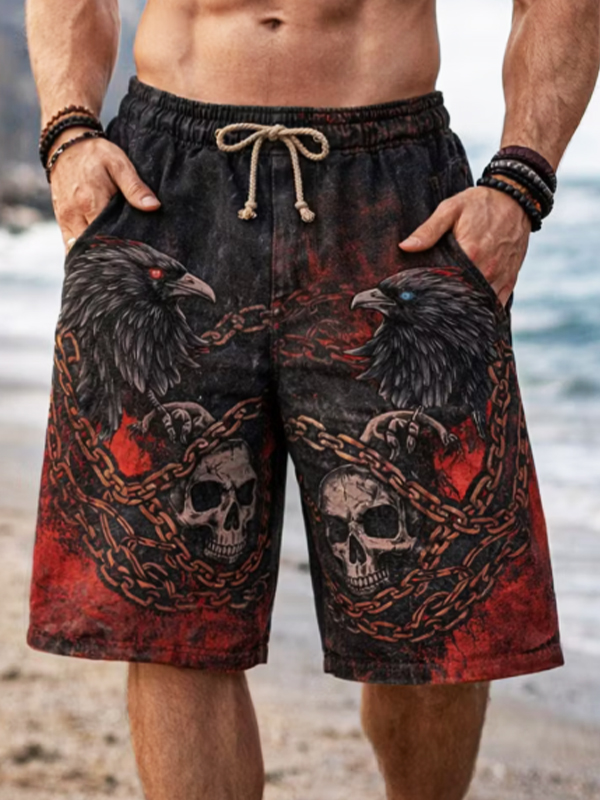 Men's Raven & Skull Art Print Casual Shorts