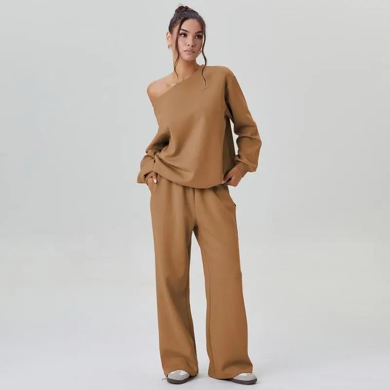 🔥8-PACKS 🔥Women's Leisure Solid Color Sloping Shoulder Long Sleeve Top & Wide Leg Trousers