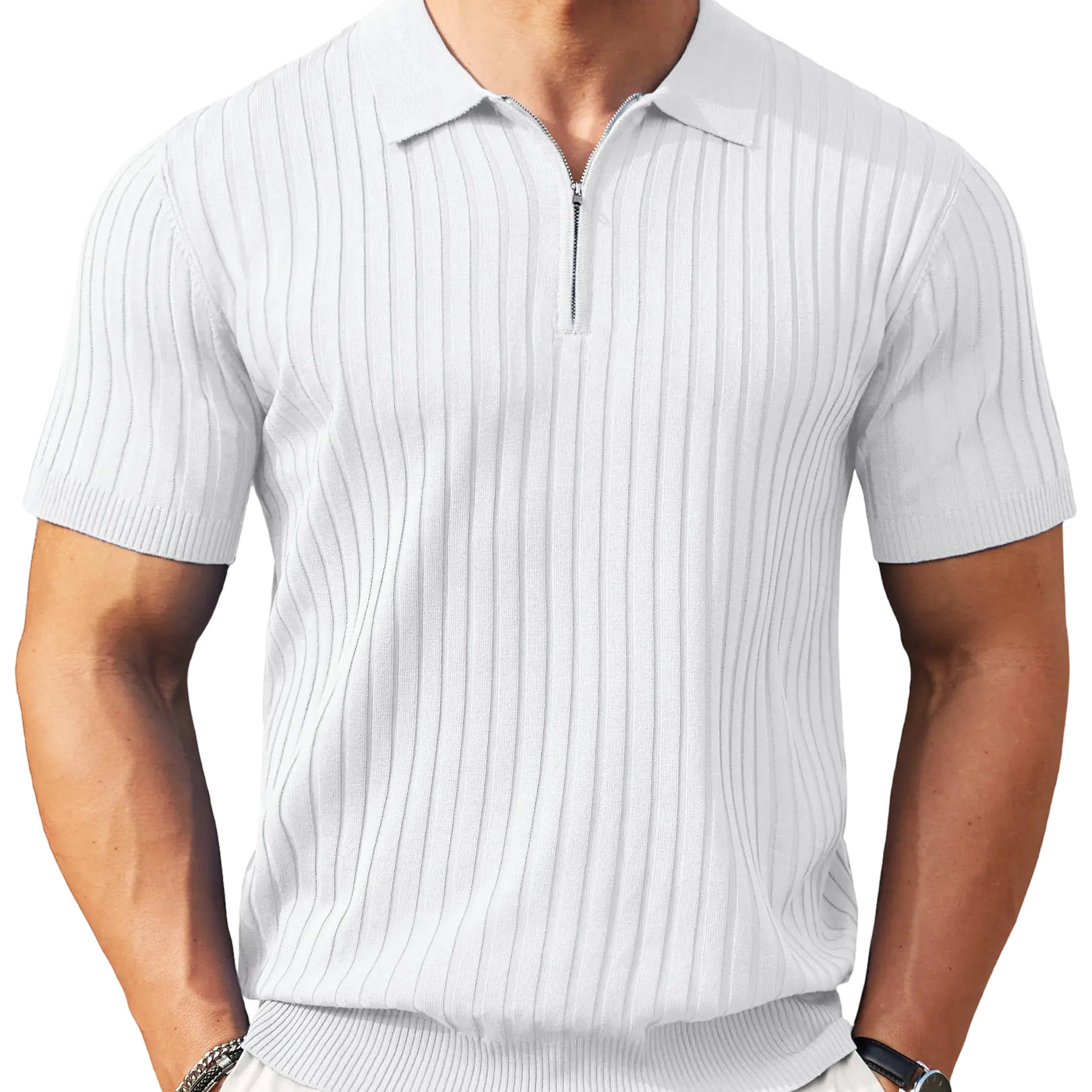 New York Fashion Week Men's Zipper Polo Shirts Short Sleeve Ribbed Knit Polo