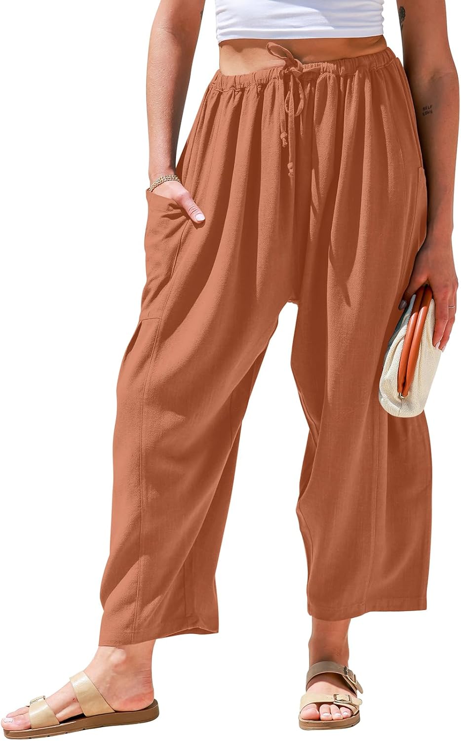 Womens Linen Wide Leg Pants Casual Loose Drawstring Summer Beach Travel Vacation Palazzo Harem Pants with Pockets