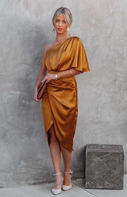 One Sleeve Irregular Pleated Waist Skirt Dress