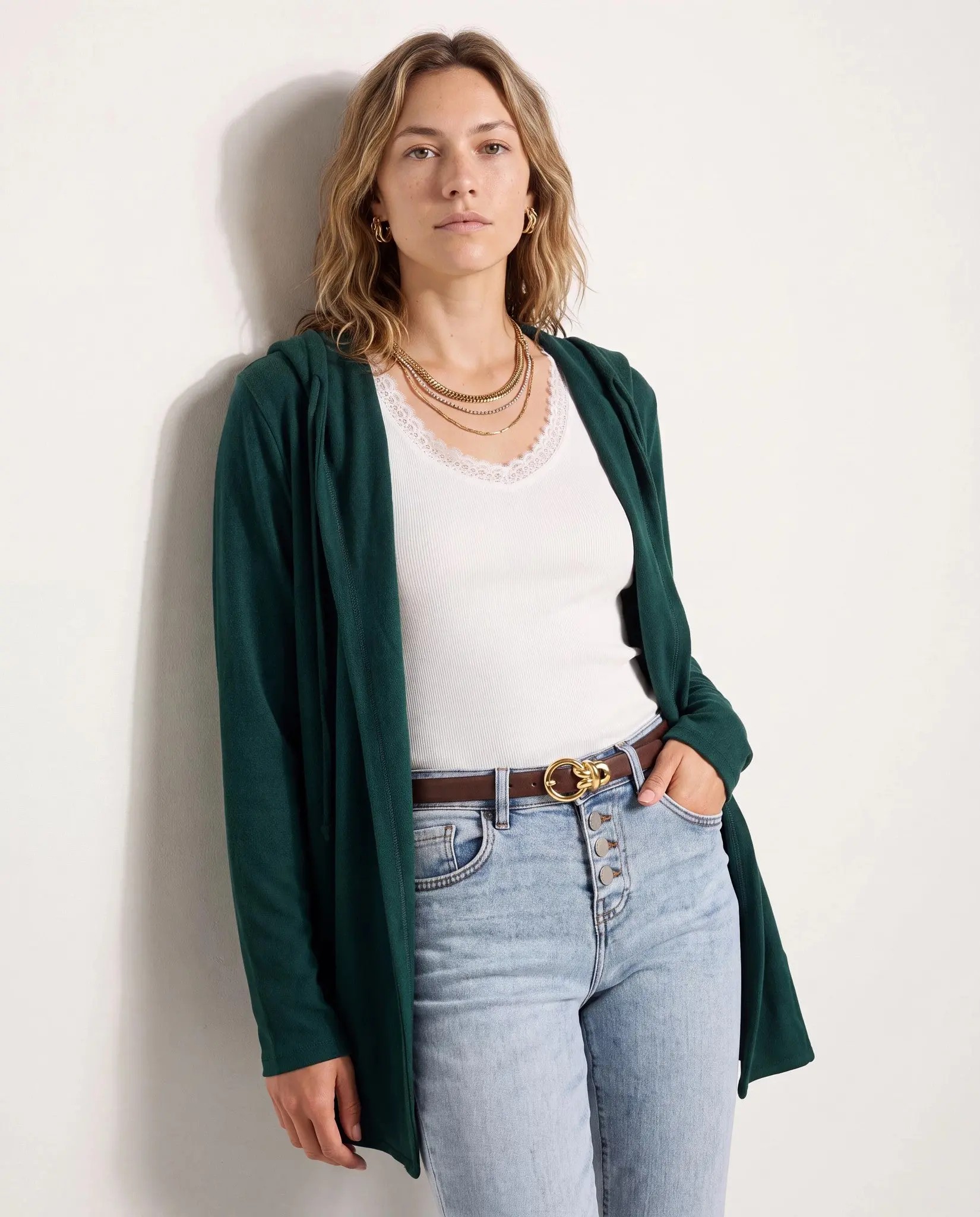 Women's Hooded Open Front Cardigan – Soft Brushed Knit with Pockets