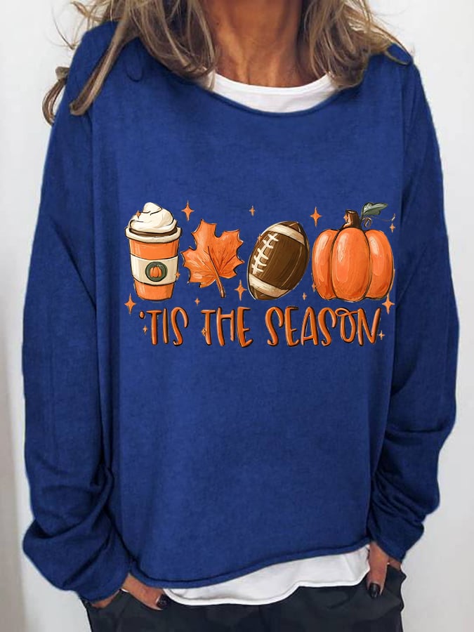 Women's TIS THE SEASON football latte leaves Pumpkin Fall T-Shirt