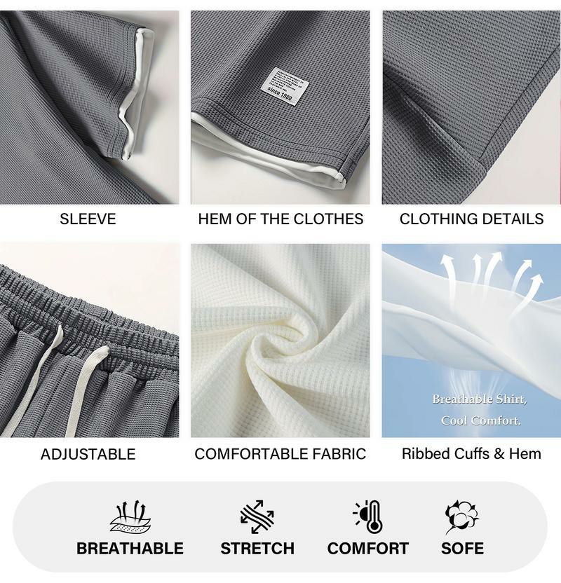 Men's Polo Print 2-Piece Summer Set – Short Sleeve Tee & Drawstring Shorts, Lightweight Waffle Knit