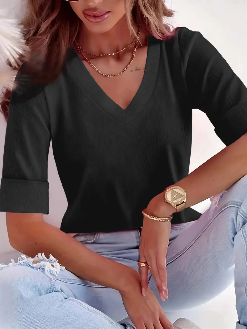 Plus Size Solid V Neck Roll Up Sleeve Tee, Casual T-shirt , Women's Plus Clothing for Daily Wear, Cute Tops, Quality and Durability