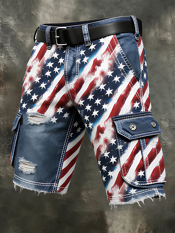 Men's Stars Stripes American Flag Ripped Print Denim-Like Cargo Shorts
