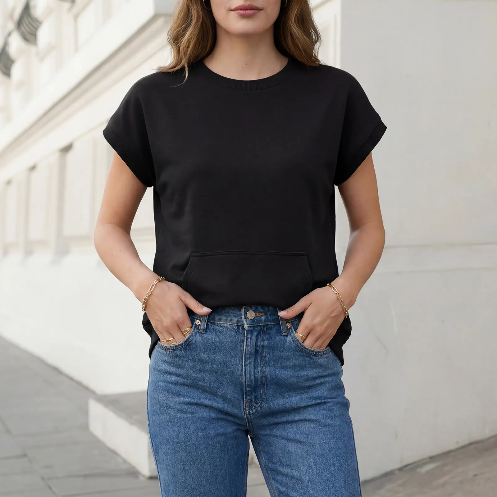 Women's Crew Neck Kangaroo Pocket Casual Pullover Tops