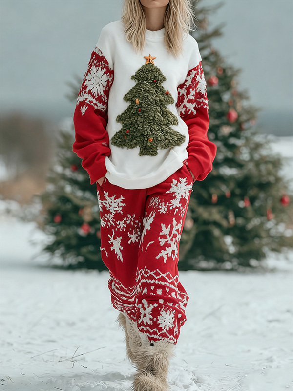Women's Christmas Tree Snowflake Print Sweatshirt Casual Pants Matching Set