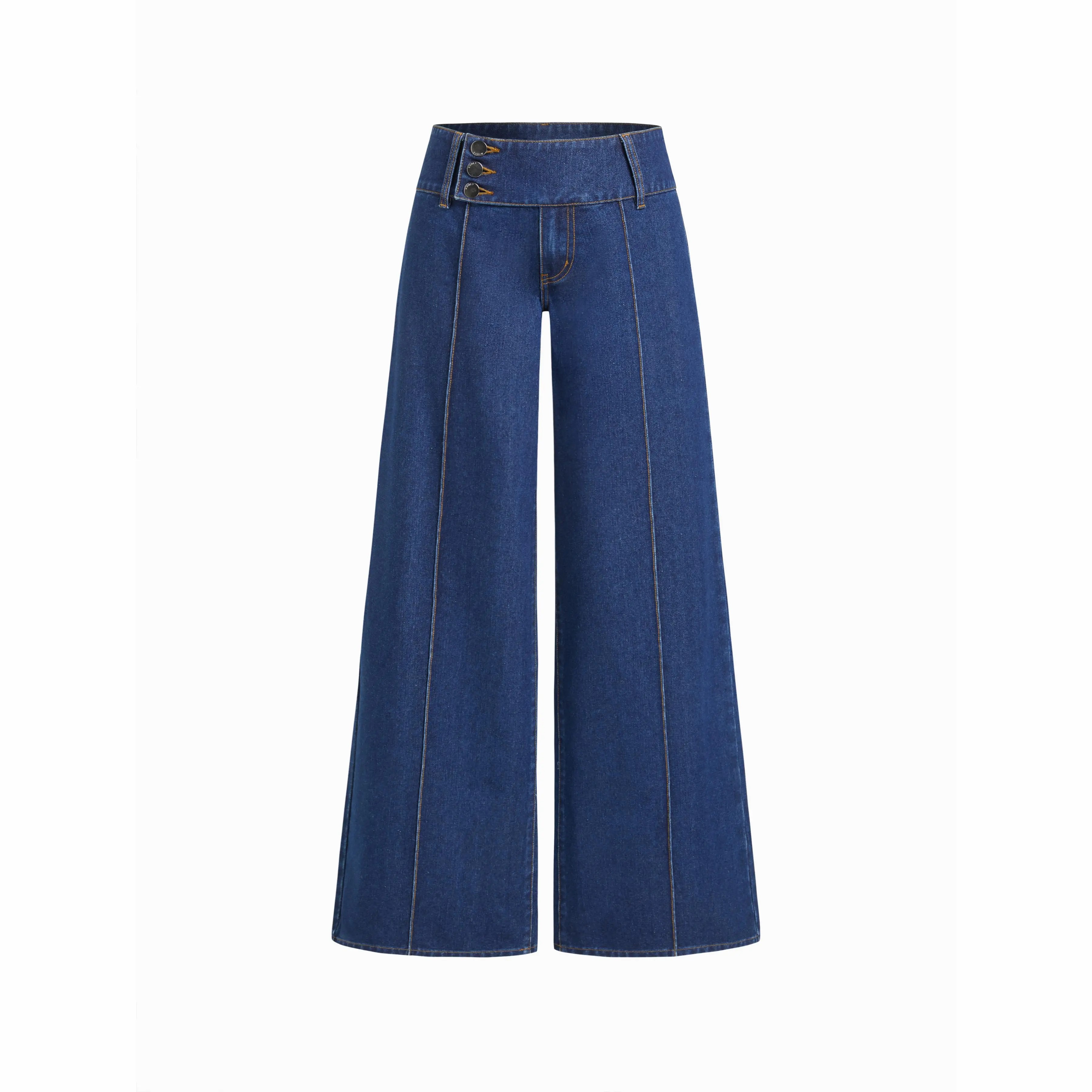 Women's Y2K Low Rise Wide Leg Jeans – 100% Cotton Triple Button Denim Trousers