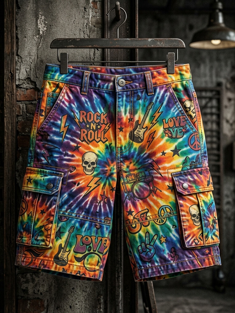 Men's Hippie Tie‐Dye Rock And Roll Skull Guitar Peace Sign Art Print Casual Shorts