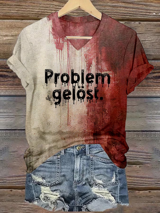 Women's Bloody Problem Solved Halloween Print V-Neck T-Shirt
