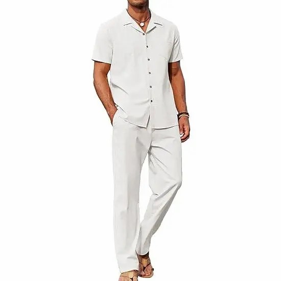 Men's 2-Pack Linen Beach Set – Camp Collar Button Down Shirt & Loose Drawstring Pants, Breathable Summer Outfit