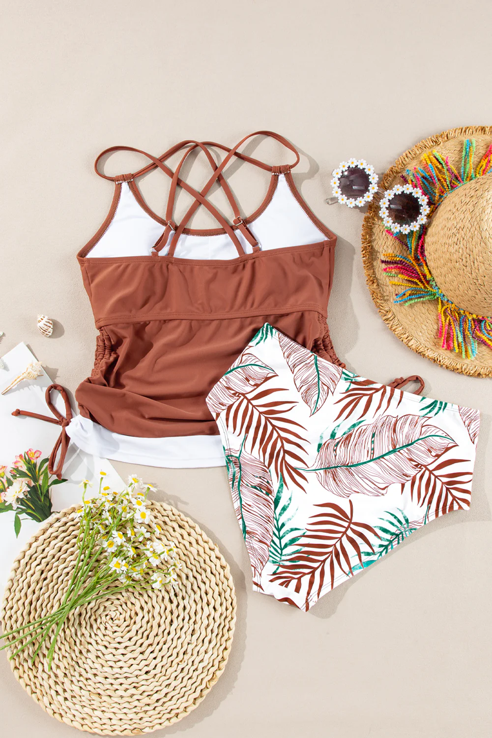 Mineral Red Drawstring Tummy Control Mix-and-match 2pcs Tankini Swimsuit