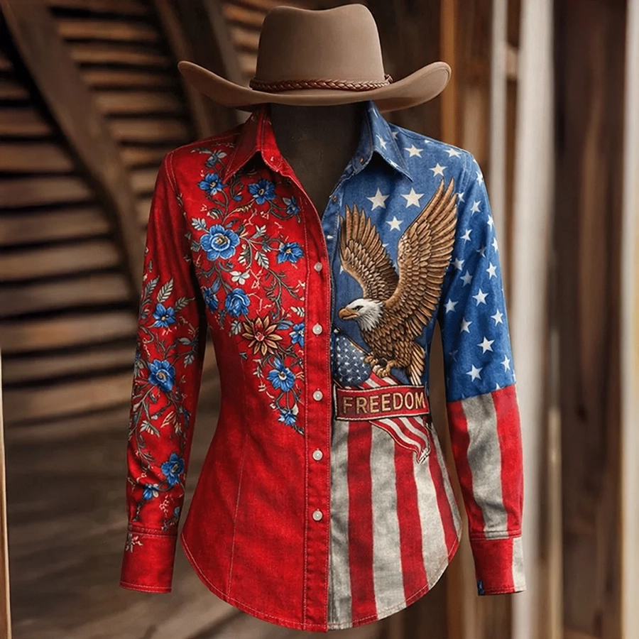 Ladies' Casual American 250Th Anniversary Celebration Long Sleeved Lapel Shirt