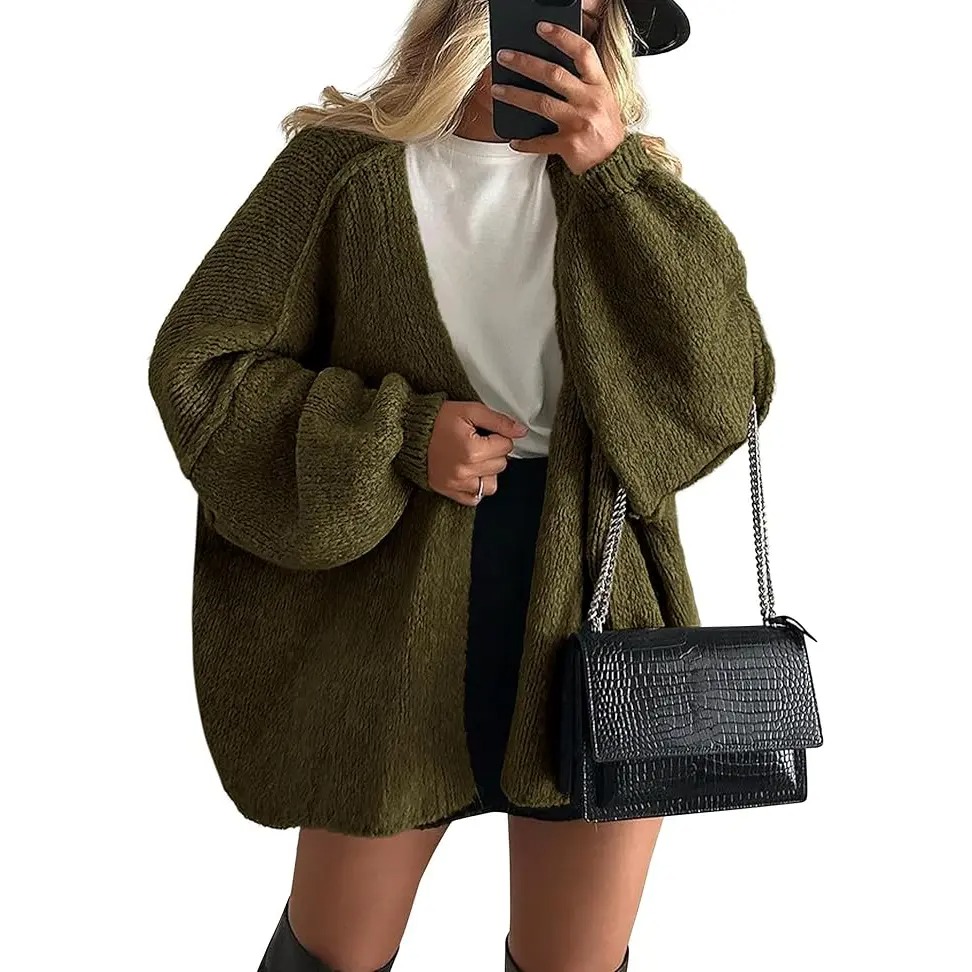 Women's Oversized Open-Front Cardigan – Long Lantern Sleeve Lightweight Knit