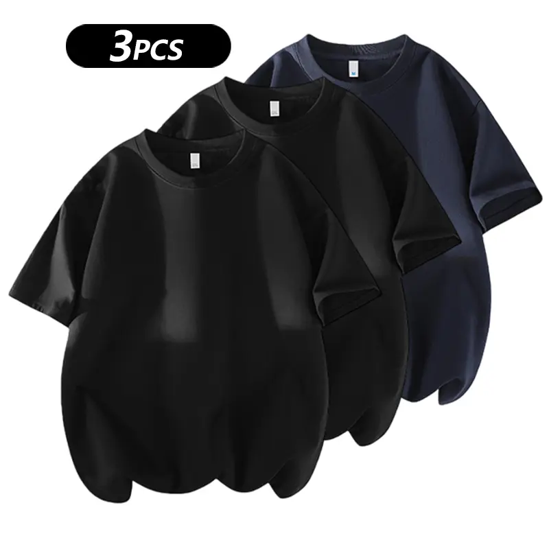 Men's 3PCS 100% cotton Crew Neck T-Shirts Set - Soft Loose Fit Navy Gray Black Tees for Casual Daily Wear