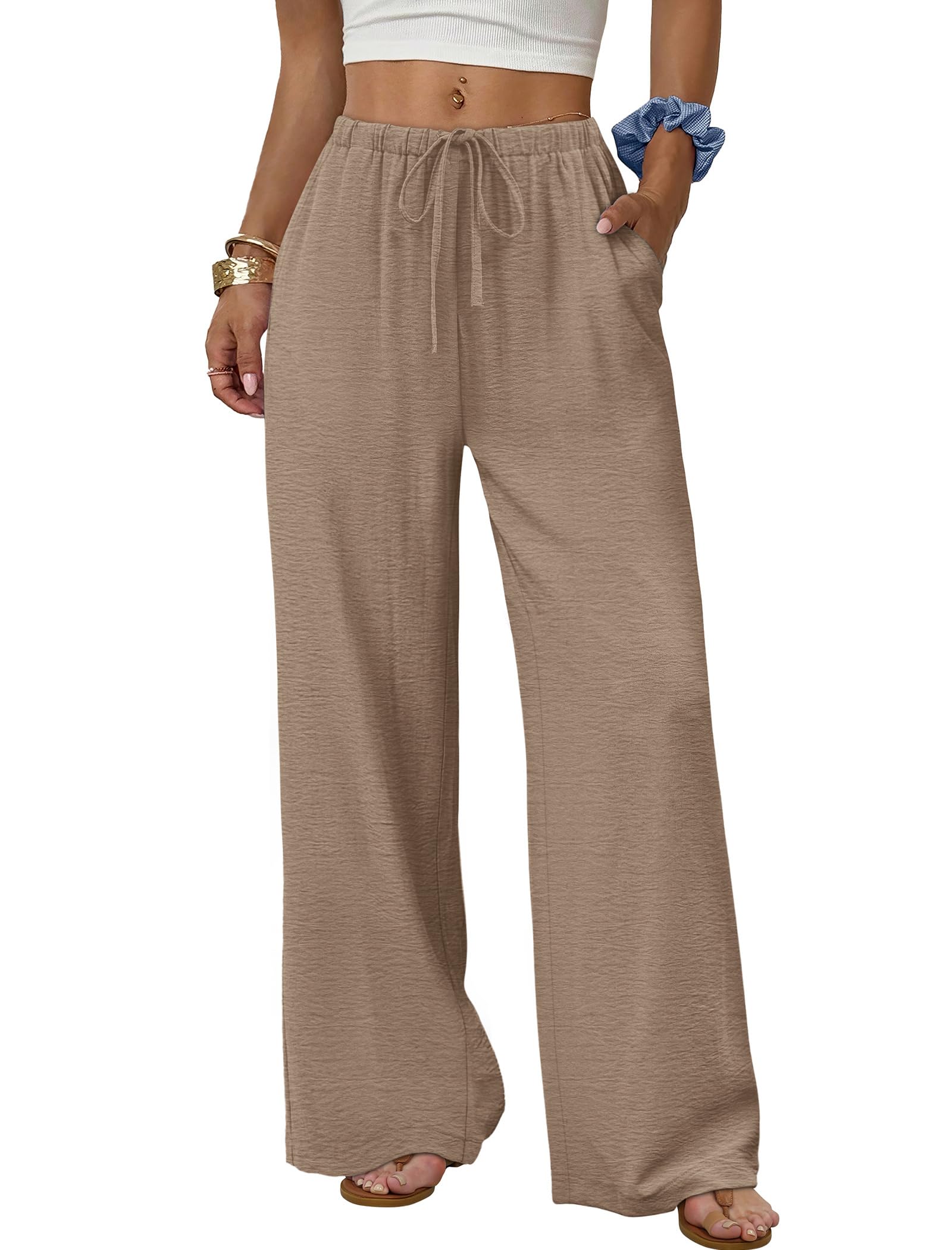 ✨ MAY SALE | Wide Leg Pants for Women Flowy Palazzo Drawstring Elastic Waist Trousers with Pockets-100% Cotton✨