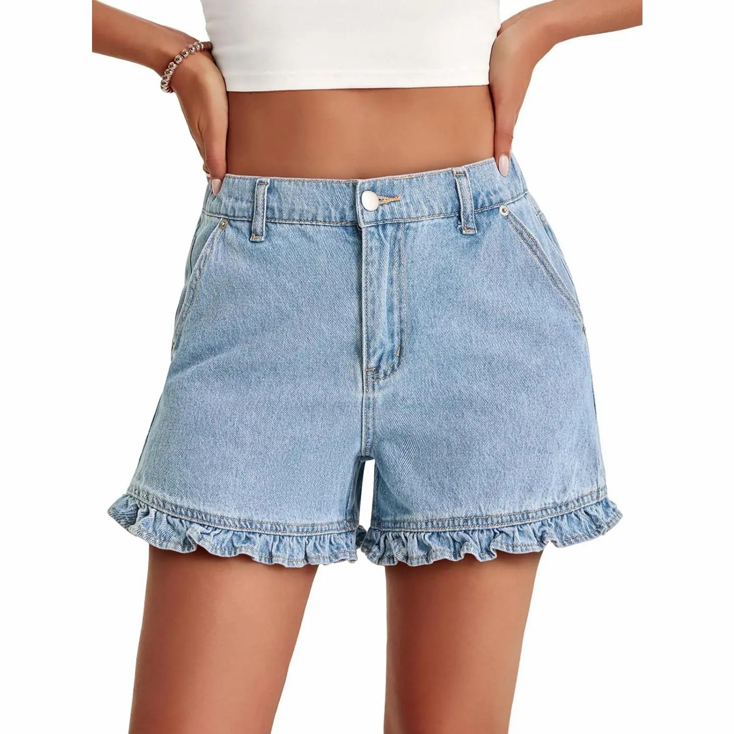 Women's High Waisted Ruffle Denim Shorts – Cute Cotton Summer Jeans with Pockets