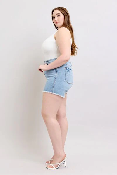 Blue Full Size Tummy Control Raw Hem Denim Shorts