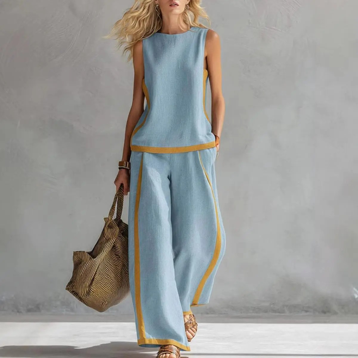 Women's Color Block 2-Piece Set – Sleeveless Top & Wide Leg Pants Summer Outfit