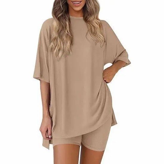Crewneck Two-Piece Set For Women Summer Casual Oversized Split Hem Shirts & Side Pocket Biker Shorts