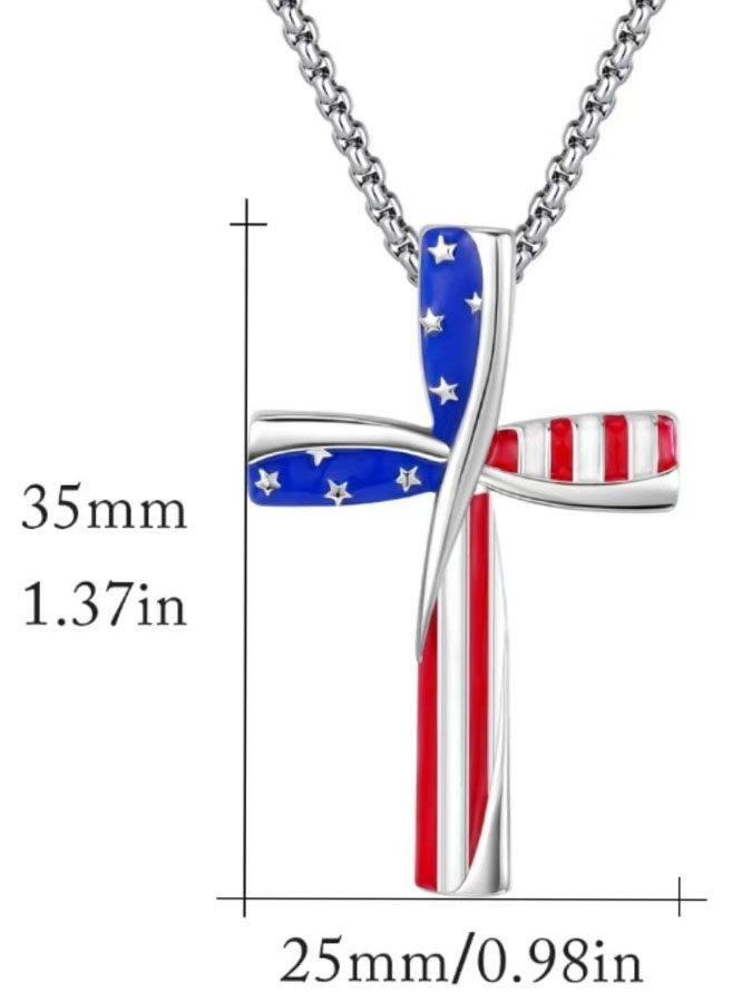Men'S And Women'S 20-24 Inch Independence Day Cross Necklace, American Flag Pendant