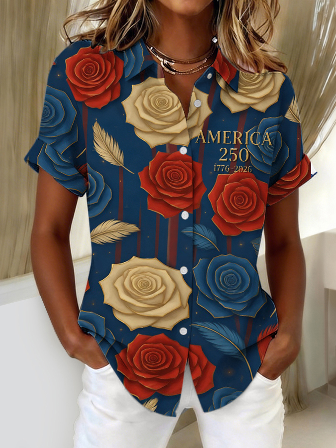 Women's Independence Day Patriotic American Flag Celebration Commemorative Cotton and Hemp Button Shirt