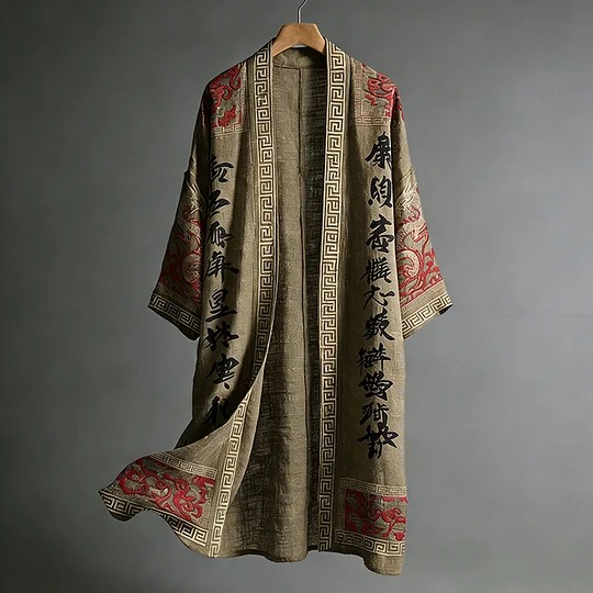 Men's Casual Dragon Pattern Calligraphy And Painting Art Linen Long Kimono