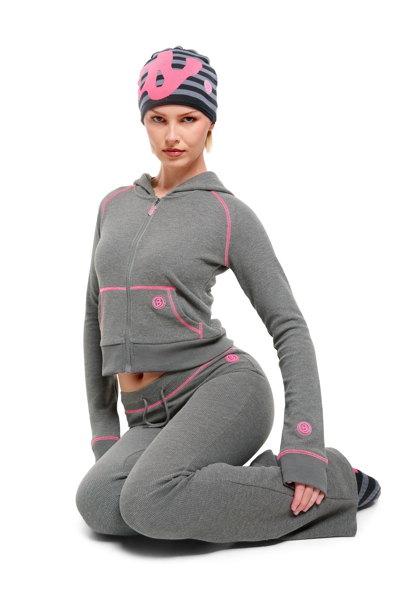 WAFFLE KNIT BOOT CUT PANTS (CHARCOAL/PINK)