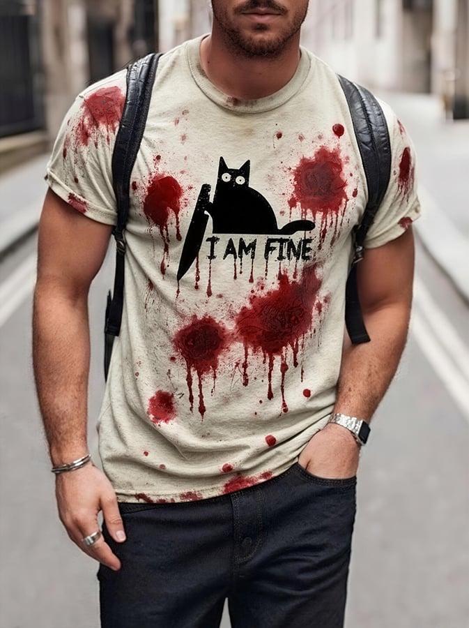 Men's I'm Fine Printed Round Neck Short Sleeve T-shirt