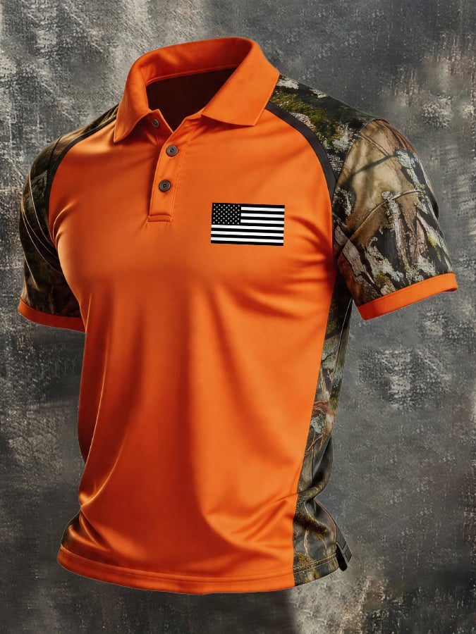 Men's Retro Patriotic Color-Block Short-Sleeve Polo Shirt