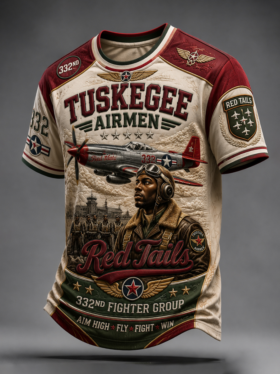 Men's Retro Tuskegee Pilot Red Tail Print  Casual T-Shirt