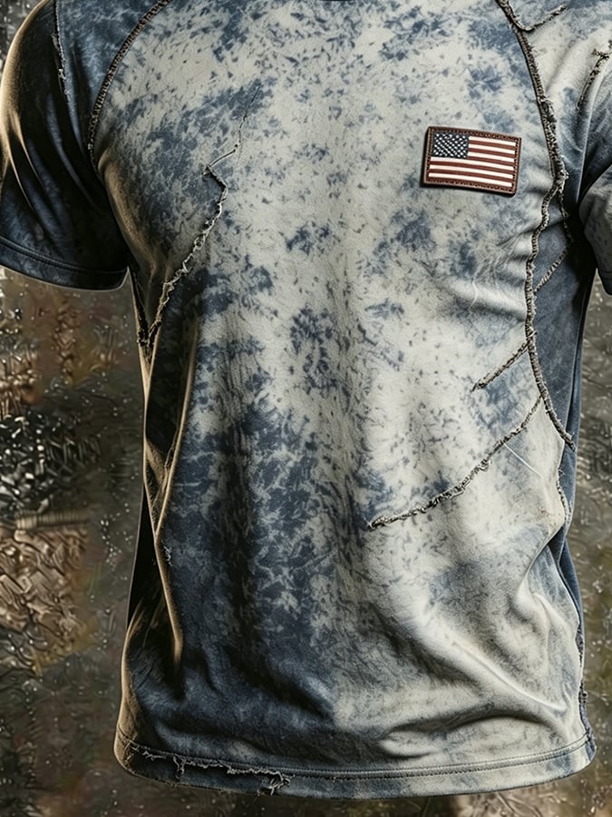 Men's Printed Crew Neck T-Shirt — American Flag Patch, Raw-Edge Splicing & Stitching; Casual, Slim-Fit, Athletic-Style American Streetwear Short-Sleeve Top