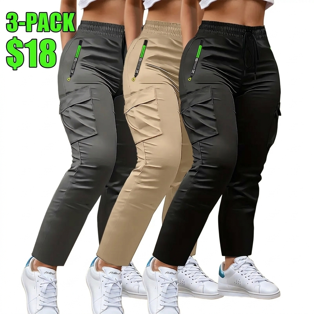 3-Pack women's multi-pocket thin overalls, four-season drawstring fashion pull-pocket design straight casual trousers