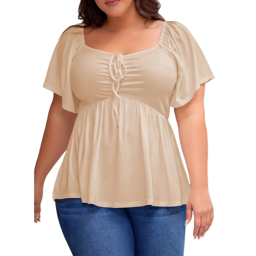 Women Sweetheart Neck Short Sleeve Shirred Peplum Rib Blouse Tops Shirts