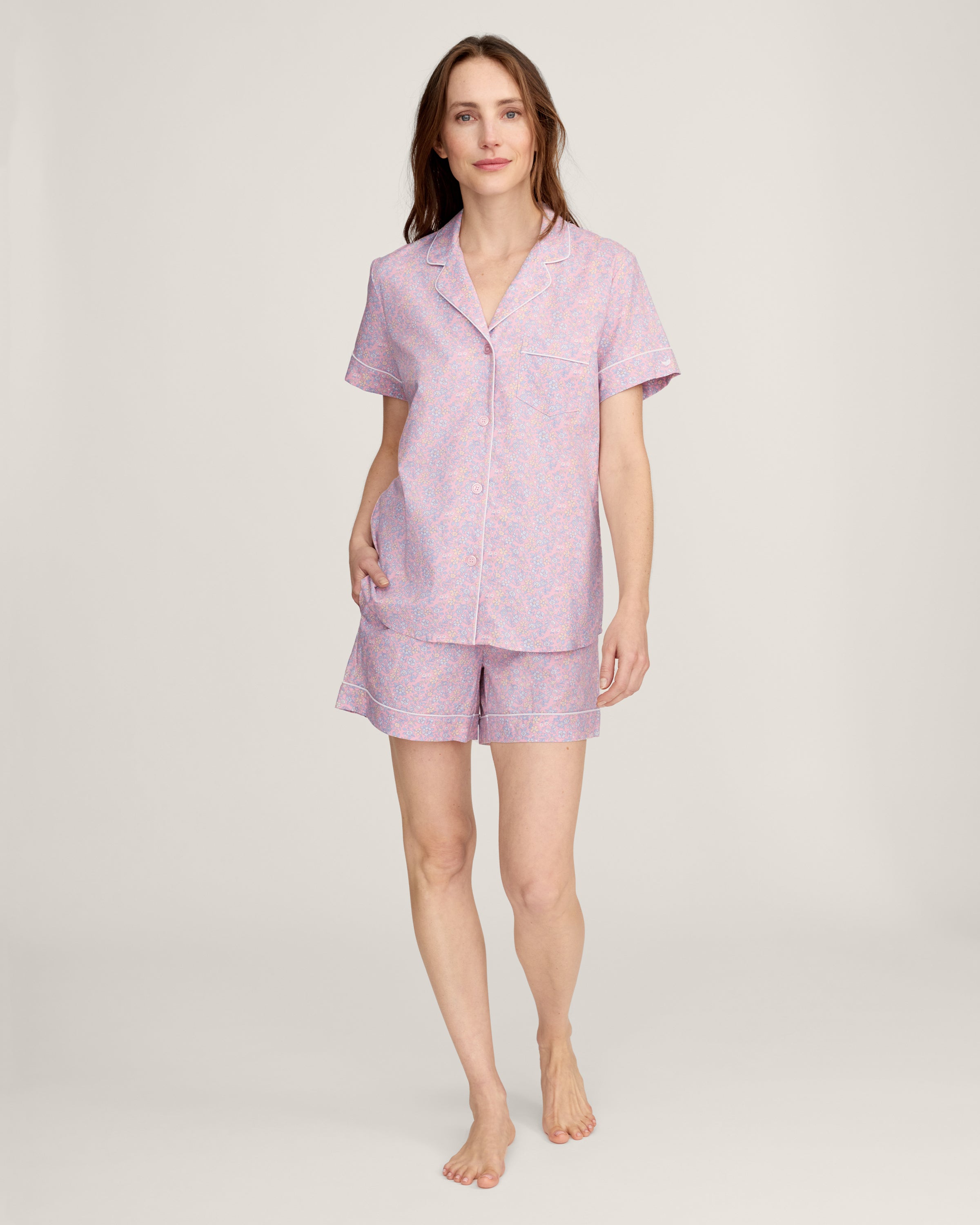 Women's Twill Short Sleeve Short Set in Fleur Blush