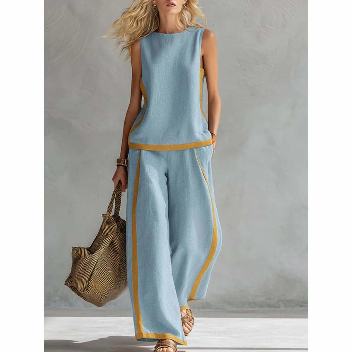 2026 Blend Two Piece Set for Women Sleeveless Color Block Top Wide Leg Pants Set Casual Summer Outfit