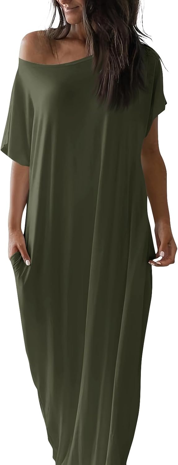 Womens Off the Shoulder Dress Batwing Short Sleeve Long Tshirt Dress with Pockets Casual Summer Loose Lounge Dresses