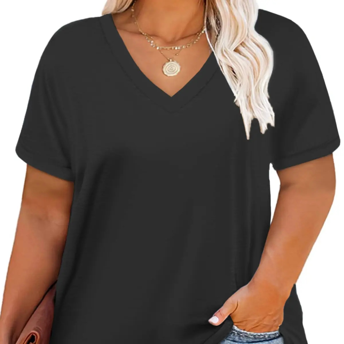 Women's Plus-Size V-Neck Short-Sleeve T-Shirt — Casual, Loose-Fit Summer Top — Soft, Breathable Basic Tee