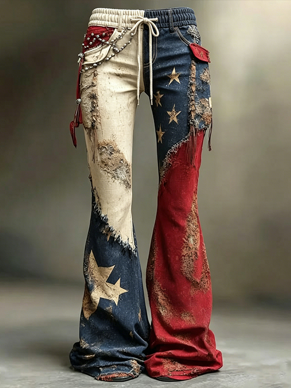 Women's Distressed USA Flag Star Patchwork Colorblock Print Casual Wide Leg Pants