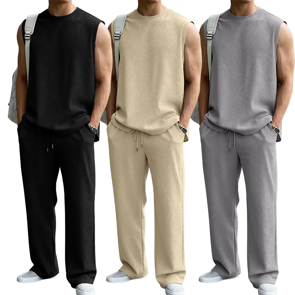 Mens 2 Piece Rib Knit Sweatsuit Summer Sleeveless Tank Top Baggy Wide Leg Pants Set Vacation Beach Outfit for Men