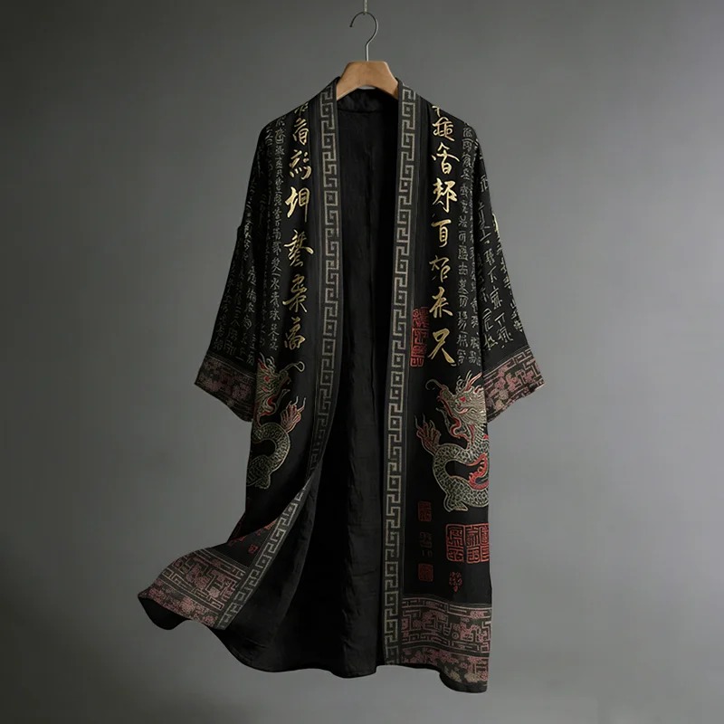 Japanese Men's Dragon Pattern Painting And Calligraphy Art Linen Long Kimono