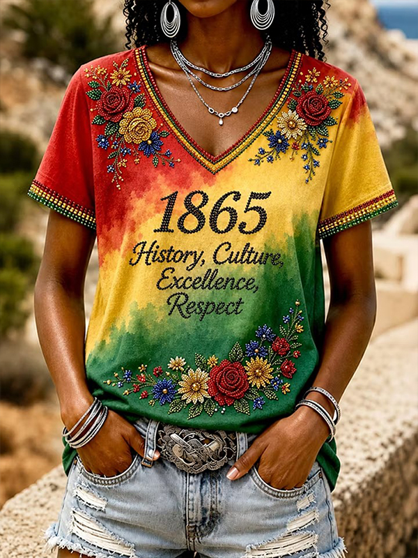 Women's 1865 Juneteenth Floral Gradient Rhinestones Print Casual V Neck T-Shirt
