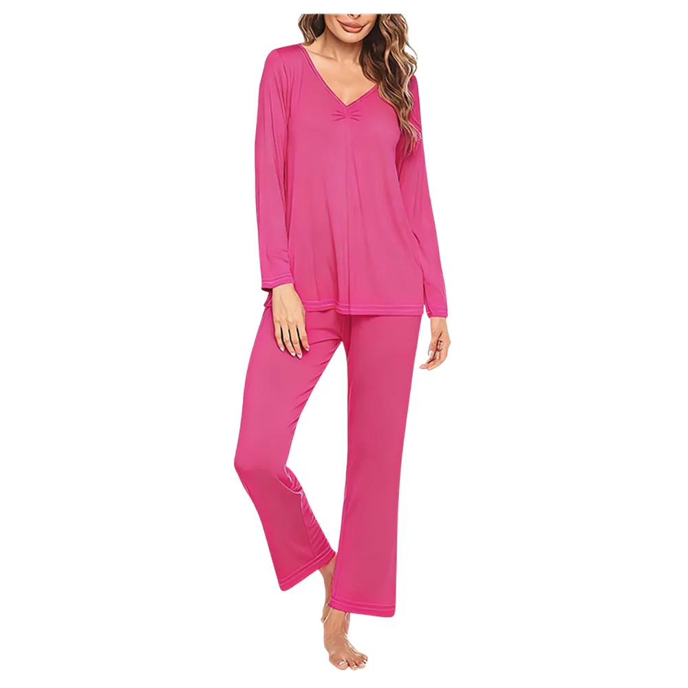 Women's V-neck long-sleeved top + trousers casual two-piece set