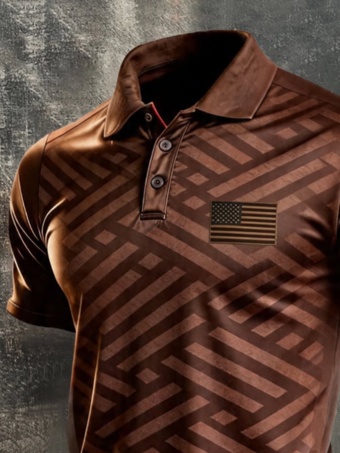 Men's Retro Patriotic Color-Block Short-Sleeve Polo Shirt